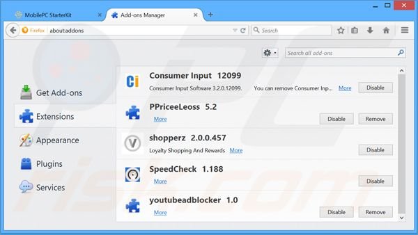 Rimuovere MobilePCStarterKit da Mozilla Firefox step 2