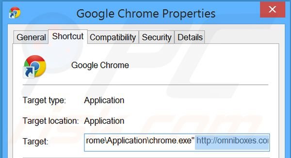 Rimozione omniboxes.com da Google Chrome destinazione di collegamento punto 2