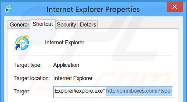 Rimozione omniboxes.com da Internet Explorer bersaglio scorciatoia step 2