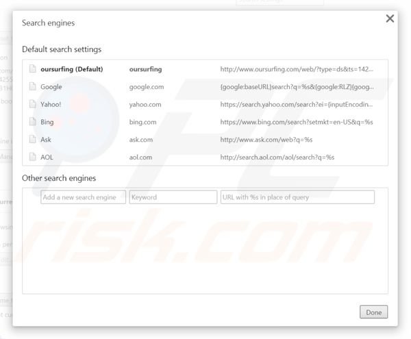 Reimuovere oursurfing.com dal motore di ricerca di Google Chrome 