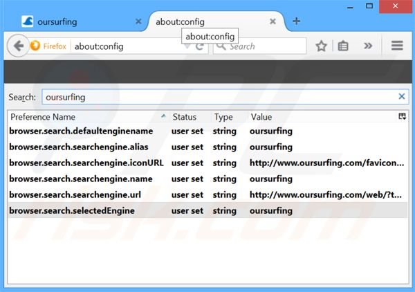 Rimuovere oursurfing.com dal motore di ricerca di Mozilla Firefox 