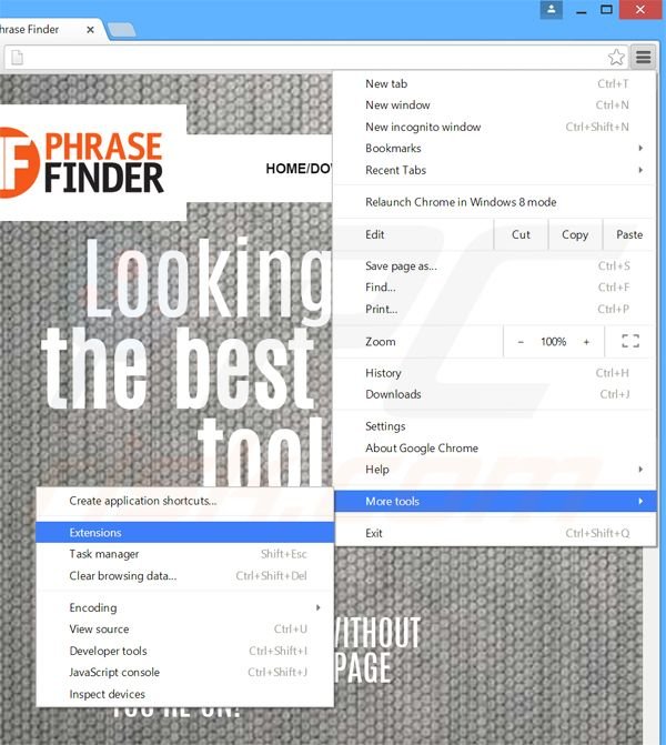 Rimuovere Phrase Finder adware da Google Chrome step 1