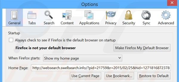 Rimuovere websearch.swellsearch.info dalla Mozilla Firefox homepage