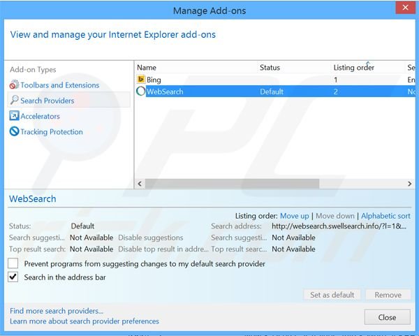 Rimozione websearch.swellsearch.info da Internet Explorer il motore di ricerca predefinito