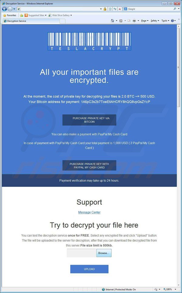 TeslaCrypt payent information