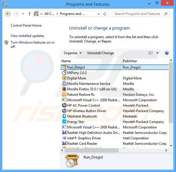 Rimuovere Run_Dregol attraverso il pannello di controllo.