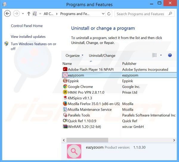 Disinstallare Eazy Zoom attraverso il pannello di controll