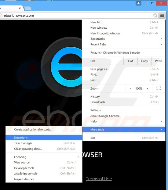 Rimuovere gli adware corelati a Ebon da Google Chrome step 1