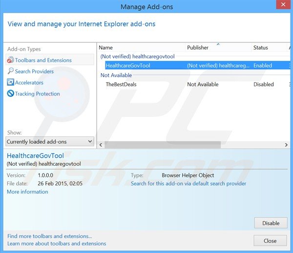 Rimuovere Healthcare Gov Tool adware da Intenret Explorer step 2