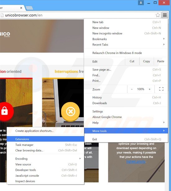 Rimuovere Unico Browser adware da Google Chrome step 1