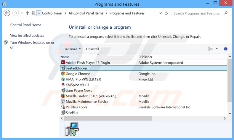 Disinstallare bestadblocker attraverso il pannello di controllo.