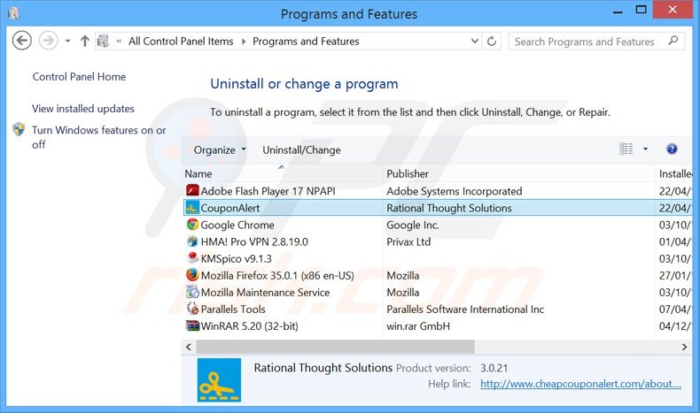 Disinstallare Coupon Alert attraverso il pannello di controllo.
