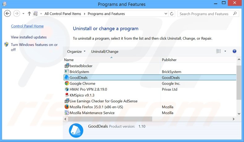 Disinstallare GoodDeals attraverso il pannello di controllo.