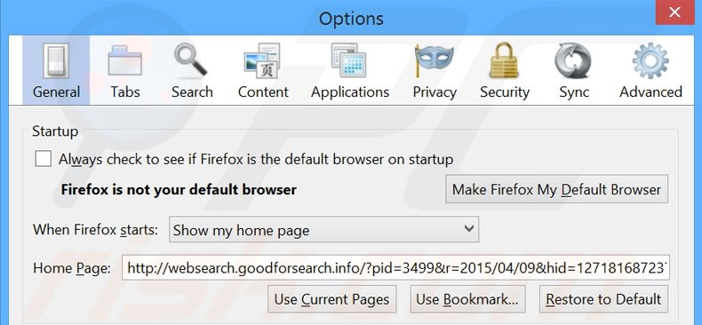 Cambia la tua homepage websearch.goodforsearch.com da Mozilla Firefox 