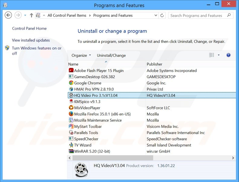 Disinstallare HQ Video Pro attraverso il pannello di controllo.