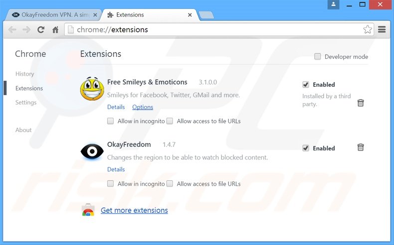 Rimuovere OkayFreedom adware da Google Chrome step 2