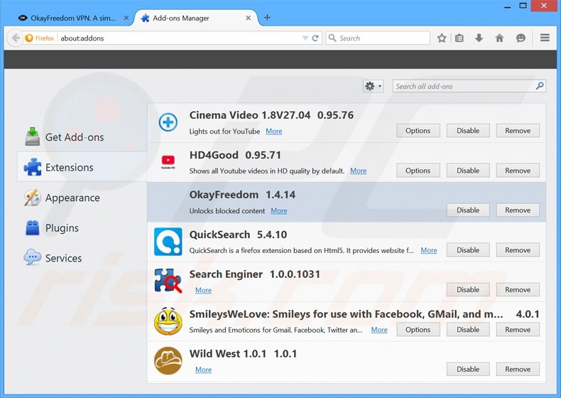 Rimuovere OkayFreedom adware da Mozilla Firefox step 2