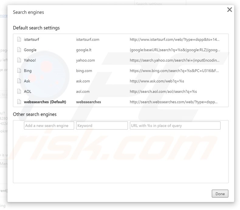 Cambiare il motore di ricerca predefinito search.webssearches.com da Google Chrome 