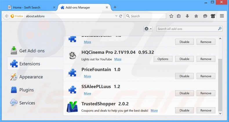 Rimuovere Swift Search adware da Mozilla Firefox step 2