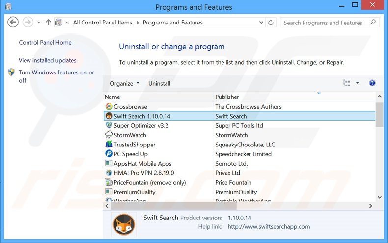 Disinstallare Swift Search attraverso il pannello di controllo.