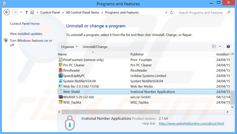 Disinstallare Web Shield attraverso il pannello di controllo.