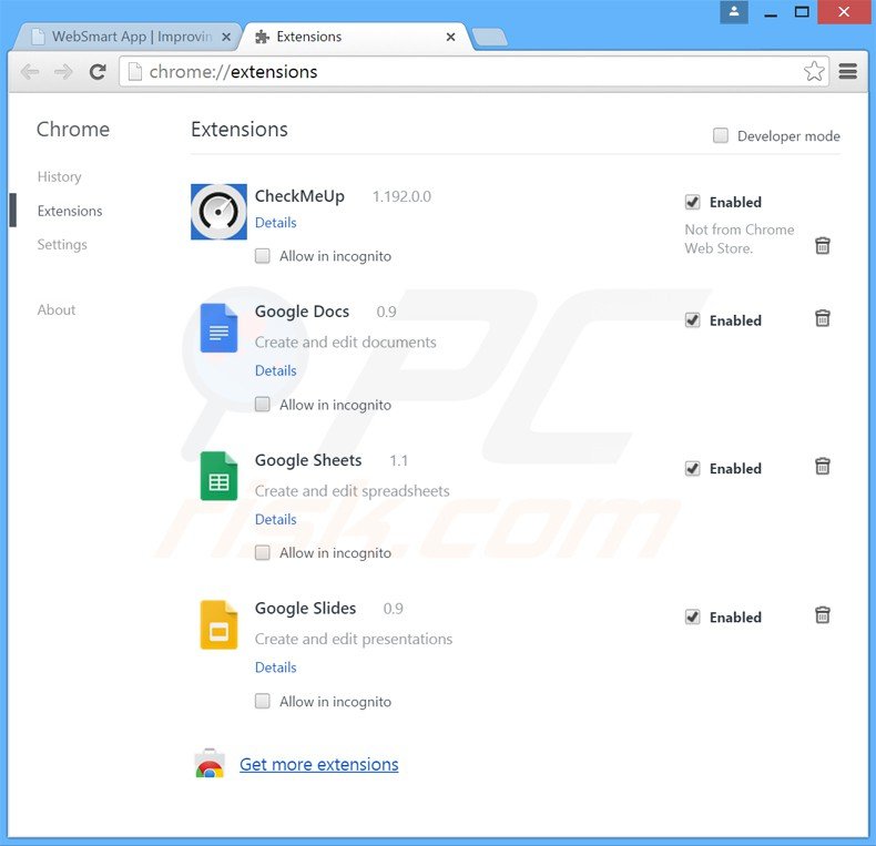 Rimuovere WebSmart App da Google Chrome step 2