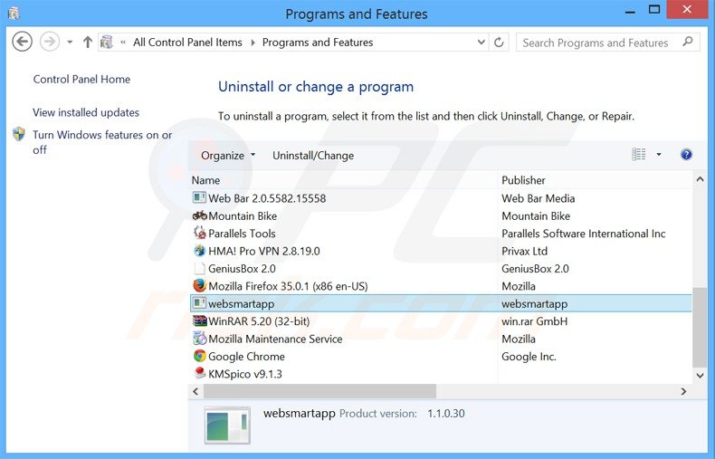Disinstallare WebSmart App attraverso il pannello di controllo.