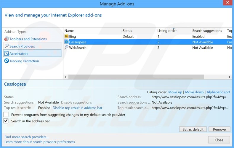 Removing cassiopesa.com from Internet Explorer default search engine