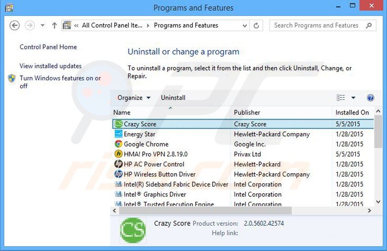 Disinstallare Crazy Score attraverso il pannello di controllo.