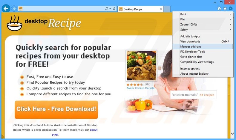 Rimuovere Desktop Recipe adware da Internet Explorer step 1