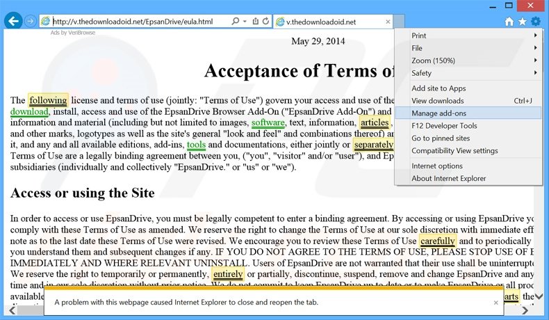 Rimuovere EpsanDrive adware da Internet Explorer step 1