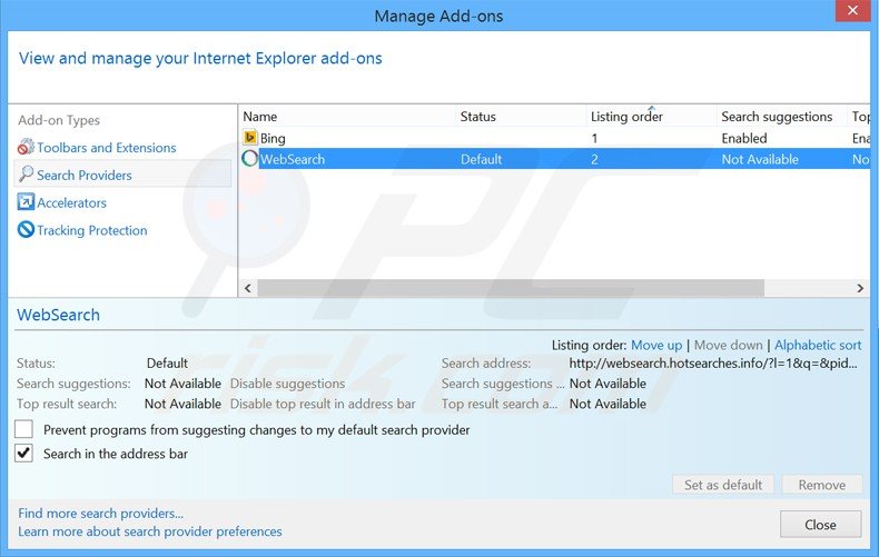 Cambia il motore di ricerca predefinito websearch.hotsearches.info da Internet Explorer 