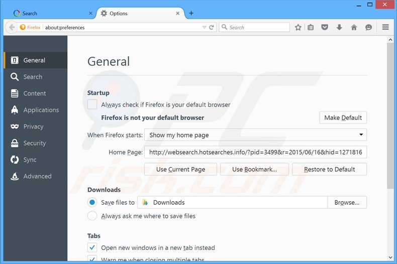 Cambia la tua homepage websearch.hotsearches.info da Mozilla Firefox 