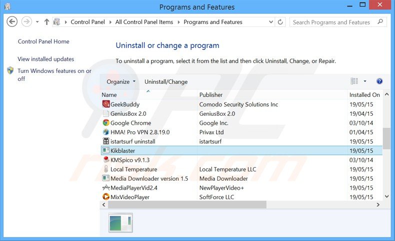 Disinstallare Kikblaster attraverso il pannello di controllo.