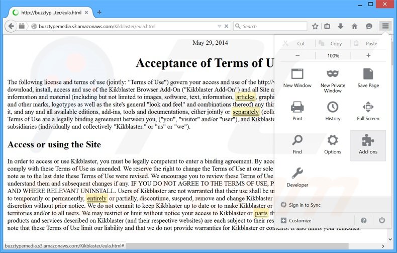 Rimuovere Kikblaster adware da  Mozilla Firefox step 1