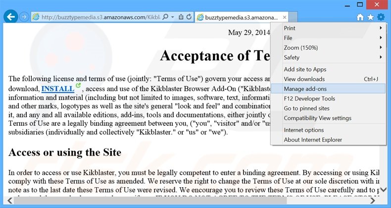 Rimuovere Kikblaster adware da  Internet Explorer step 1