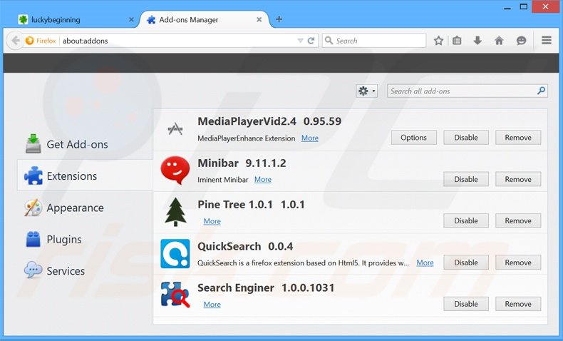 Rimuovere luckybeginning.com da Mozilla Firefox 