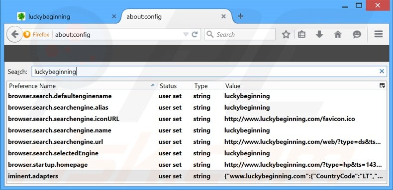 Cambia il tuo motore di ricerca predefinito luckybeginning.com da Mozilla Firefox 