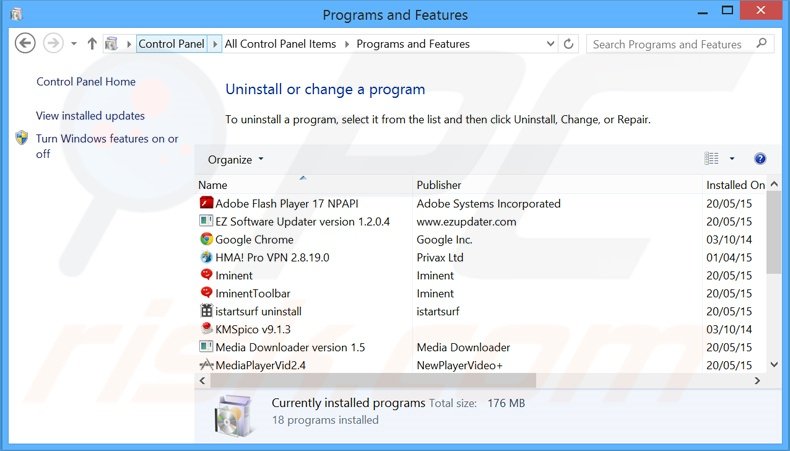 Disinstallare programmi potenzialmente indesiderati attraverso i pannello di controllo.