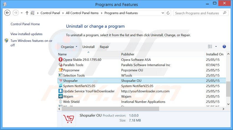 Disinstallare Shopsafer attraverso il pannello di controllo.
