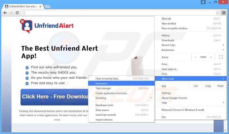 Rimuovere Unfriend Alert adware da Google Chrome step 1