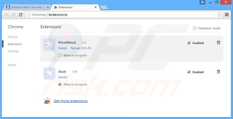 Rimuovere Unfriend Alert adware da Google Chrome step 2