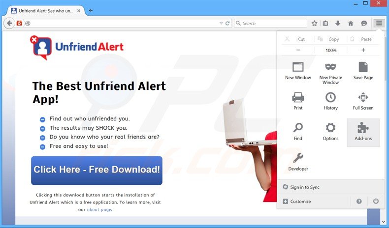 Rimuovere Unfriend Alert adware da Mozilla Firefox step 1