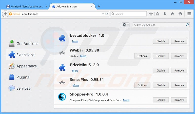 Rimuovere Unfriend Alert adware da Mozilla Firefox step 2