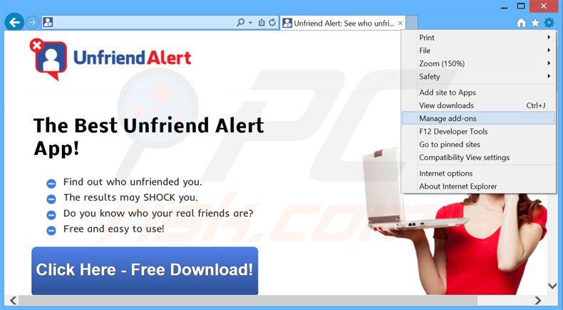 Rimuovere Unfriend Alert adware da Internet Explorer step 1