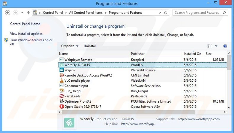 Disinstallare WordFly attraverso il pannello di controllo.