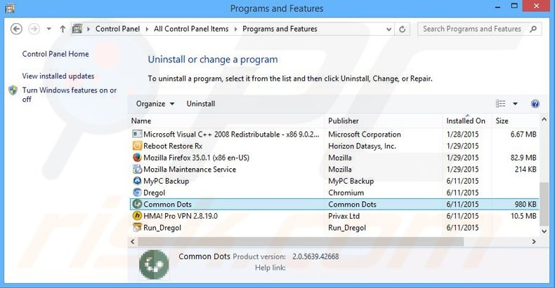 Disinstallare Common Dots attraverso il pannello di controllo.