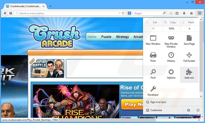 Rimuovere CrushArcade adware da  Mozilla Firefox step 1