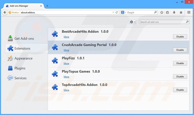 Rimuovere CrushArcade adware da  Mozilla Firefox step 2