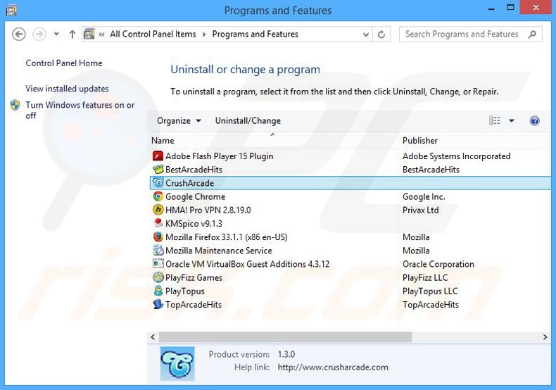 Disinstallare CrushArcade attraverso il pannello di controllo.
